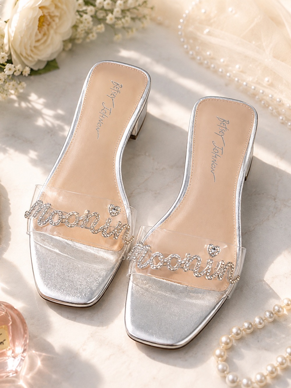 Betsey Johnson Bridal Honey “Moonin” Slide Sandals Silver Clear Strap Size 8.5